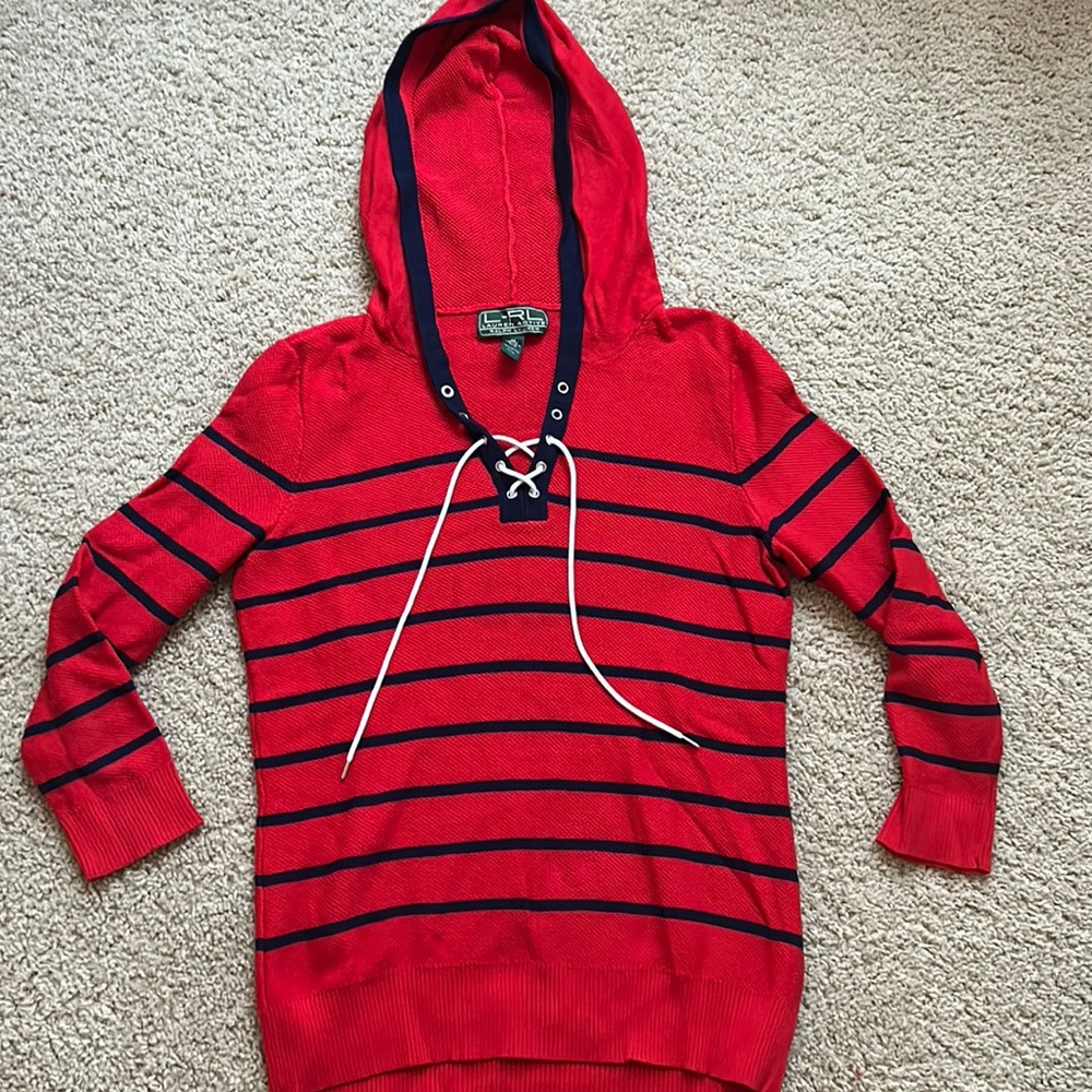 Lauren Active Ralph Lauren 3/4 Sleeve Striped Lace Up Sweater